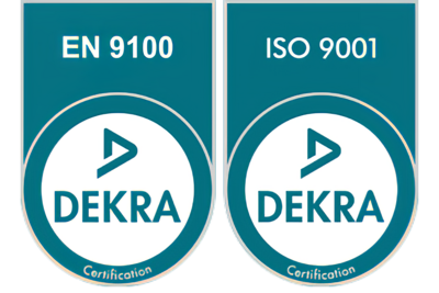 Auf dem Bild sind zwei Zertifikate von DEKRA für die Standards EN 9100 und ISO 9001 abgebildet.