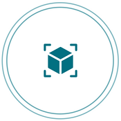 Das Bild zeigt ein minimalistisches, stilisiertes Icon, das einen 3D-Würfel oder ein Objekt darstellt, umgeben von konzentrischen Kreisen.