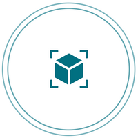 Das Bild zeigt ein minimalistisches, stilisiertes Icon, das einen 3D-Würfel oder ein Objekt darstellt, umgeben von konzentrischen Kreisen.